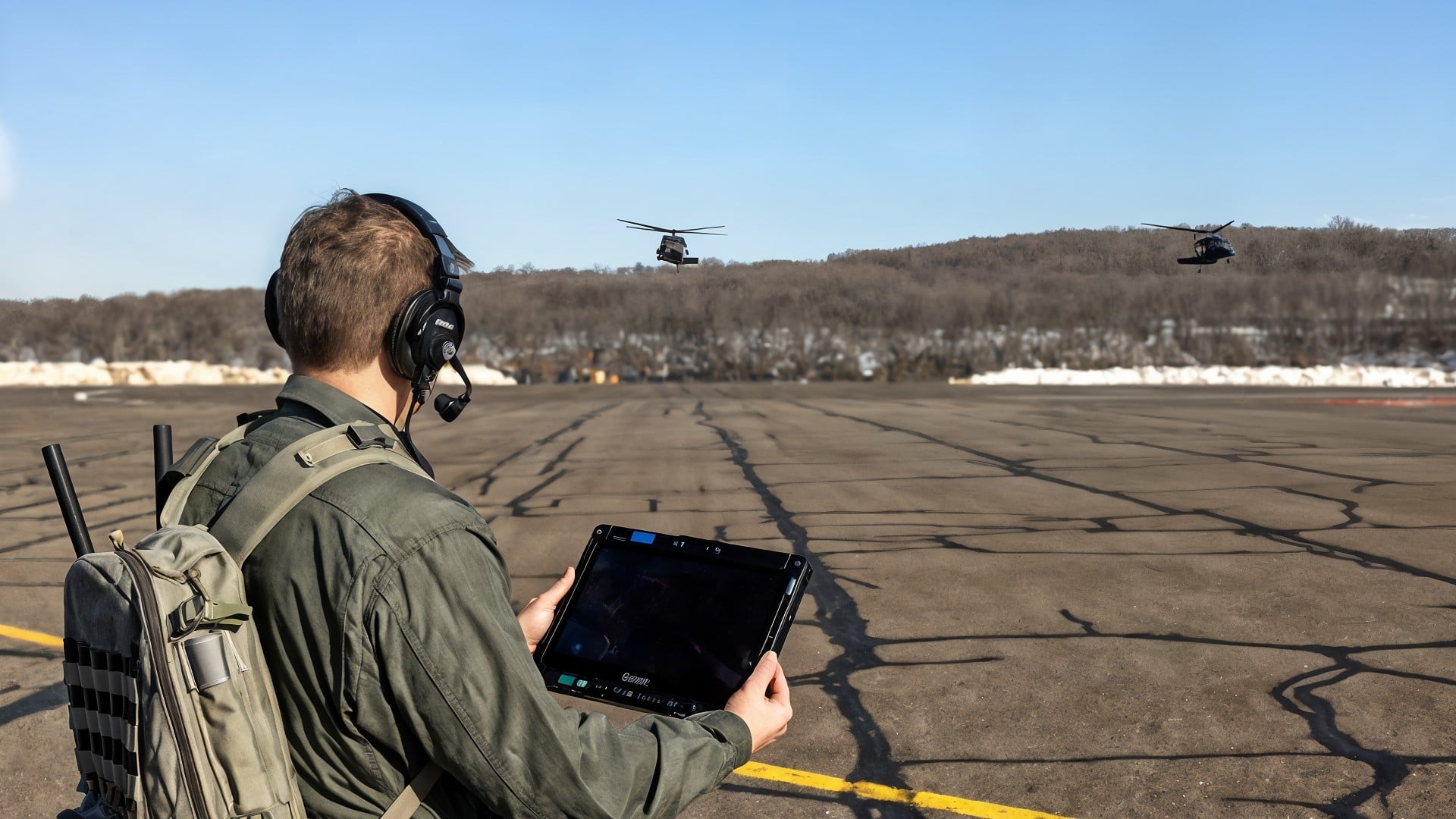 Kommunikation, Militärtechnologie, Fernsteuerung, Hubschrauber, Black Hawk, Flugfeld, Rugged-Tablet, Drohnensteuerung, Echtzeit-Überwachung, Bodenkontrolle, H-60Mx Black Hawk