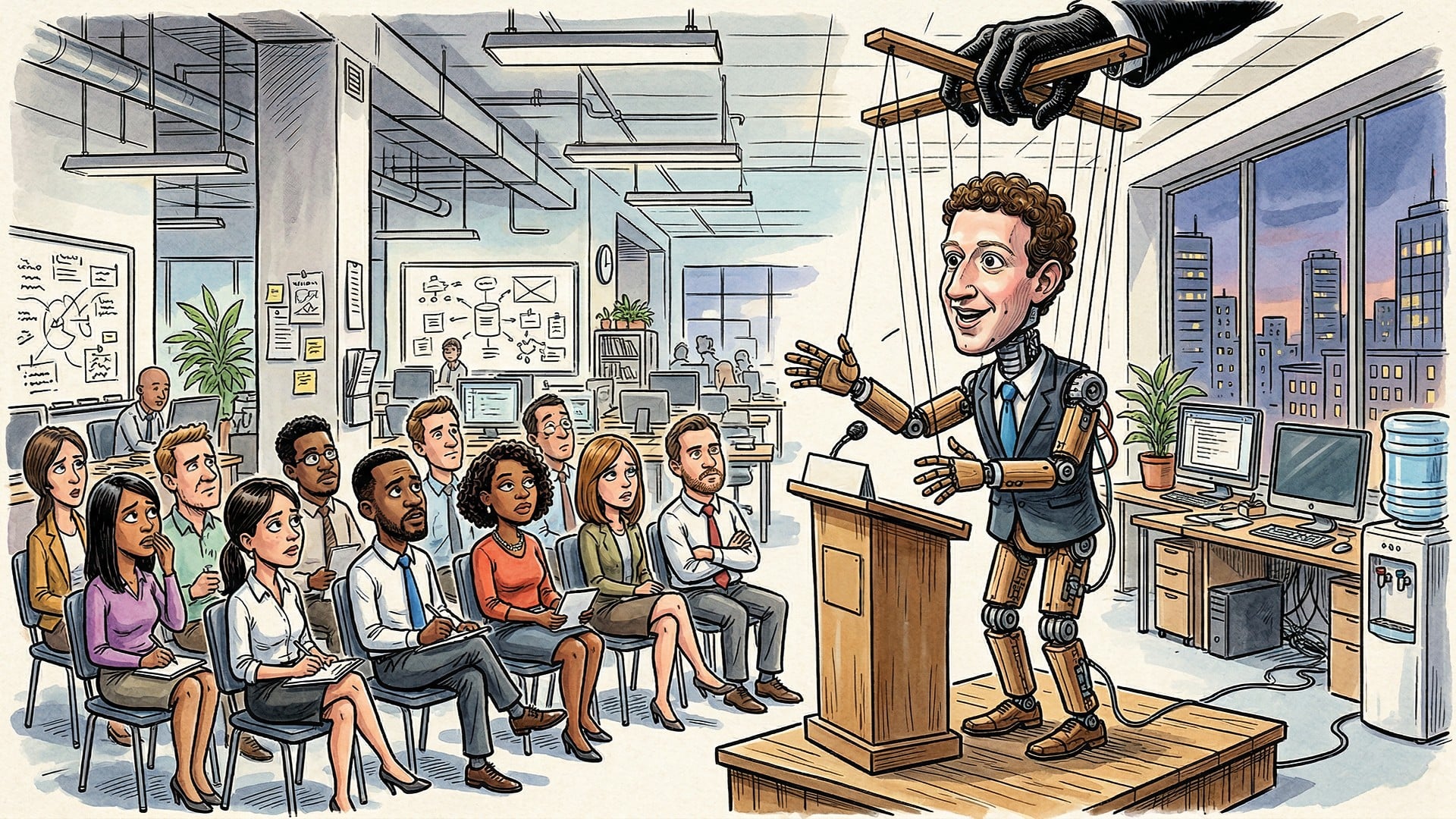 Roboter, Meta, Mark Zuckerberg, Büro, Illustration, Karikatur, Konzernchef, PODIUM, Marionette, Tech-CEO