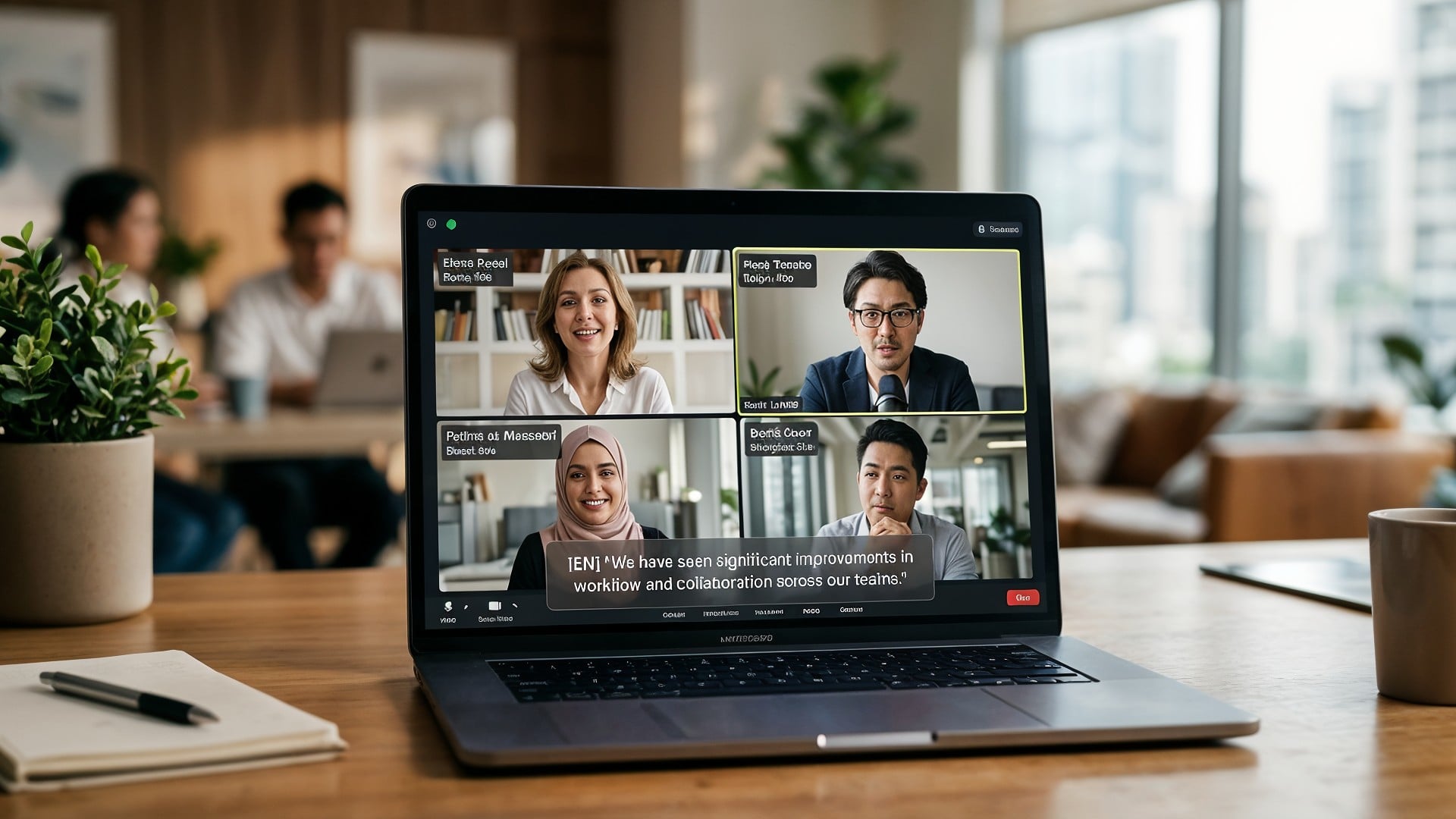 Laptop, Macbook, Spracherkennung, Homeoffice, Videokonferenz, Kollaboration, Untertitel, Remote-Arbeit, DeepL, Videocall, Echtzeit-Transkription, Meeting-Software, Teilnehmer-Kacheln, Hybrid-Meeting, KI-Untertitelung, Teamkommunikation