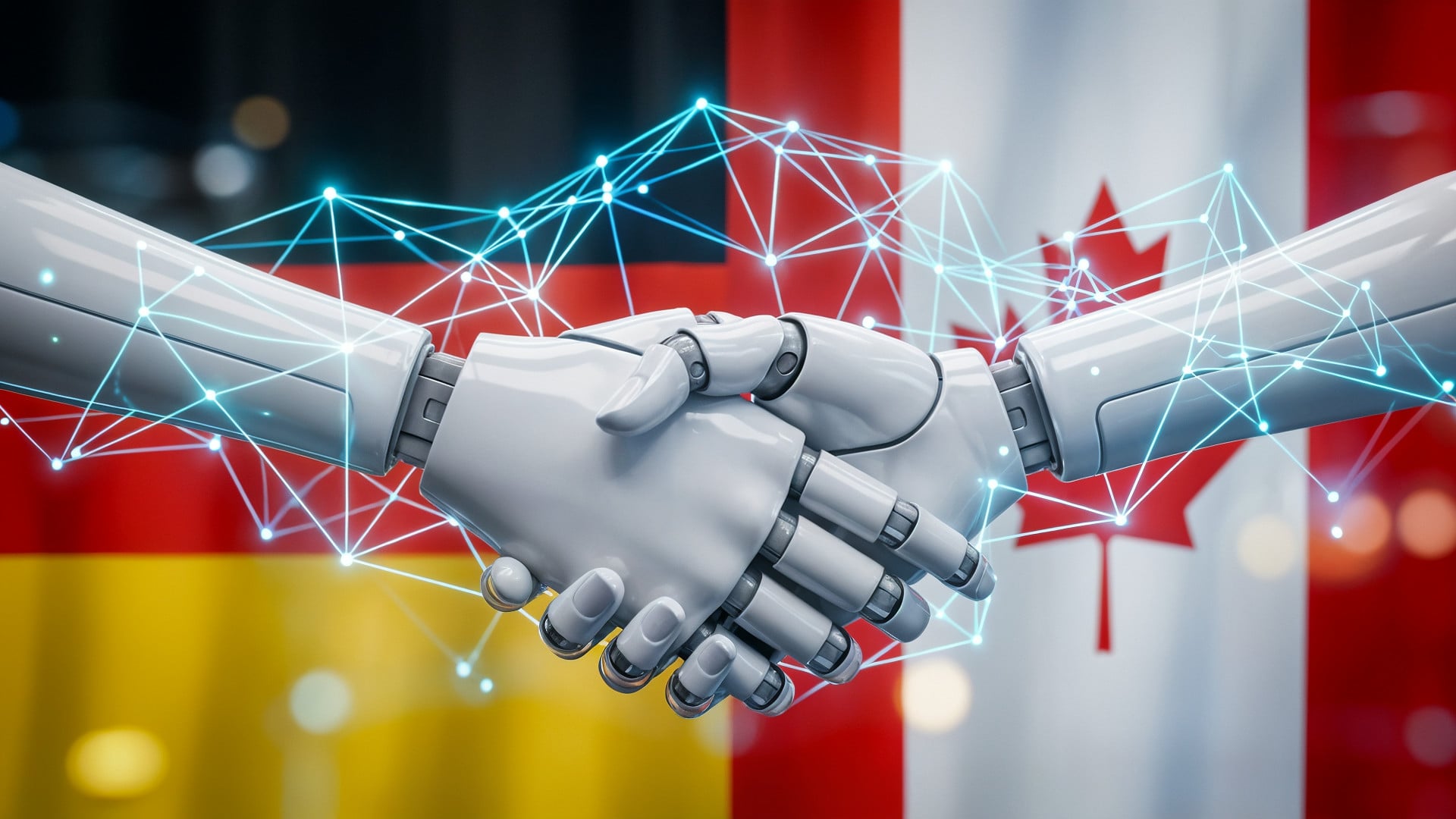 Ki, Künstliche Intelligenz, Deutschland, Roboter, Kanada, Zusammenarbeit, Handschlag, Roboterhände