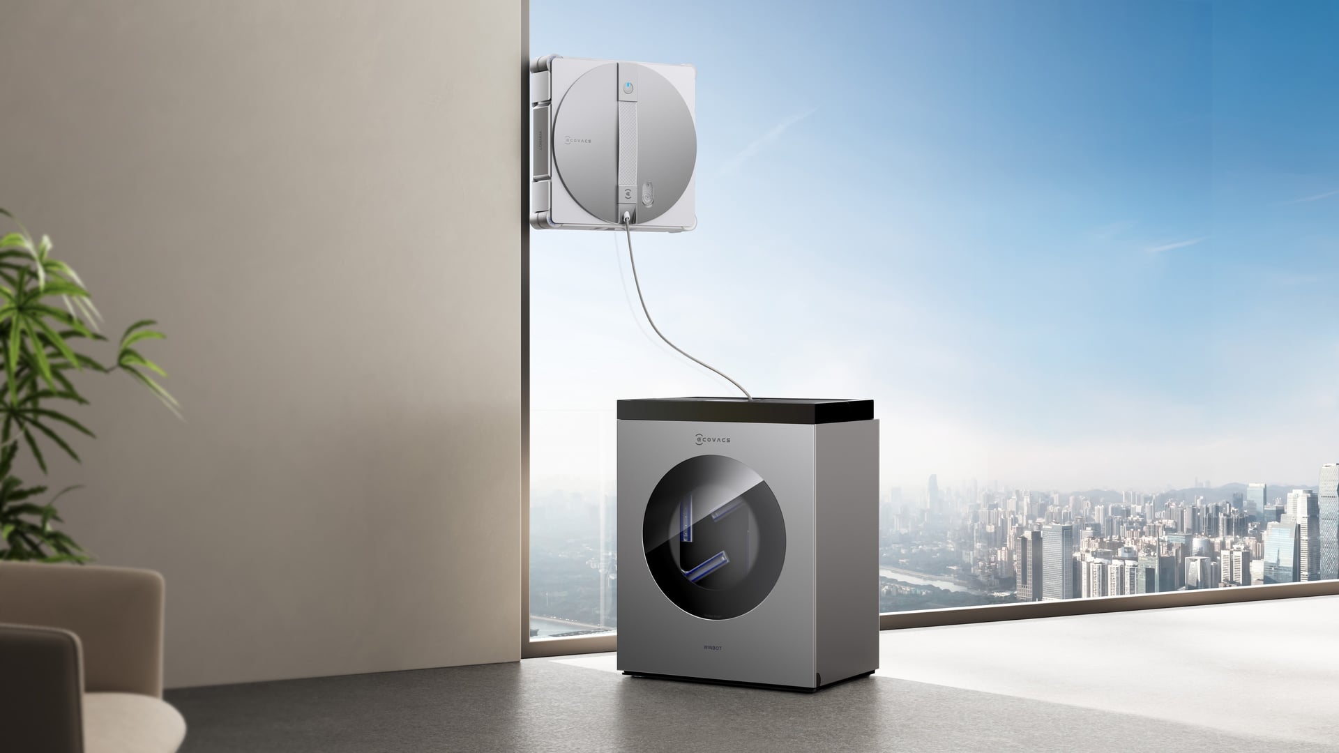 Smart Home, Haushalt, reinigung, Haushaltsgeräte, Smarthome, Wischroboter, Smart-Home, Wischfunktion, Ecovacs, Reinigungsstation, Fensterputzroboter, Fensterscheibe, Ecovacs Winbot W3 Omni