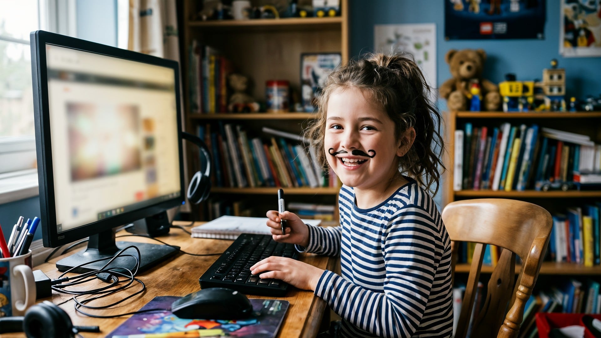 Tastatur, Monitor, Arbeitsplatz, Programmieren, Heimarbeit, Computermaus, verifizierung, Mauspad, Desktop-Computer, Kinderzimmer, Altersverifizierung, Bücherregal