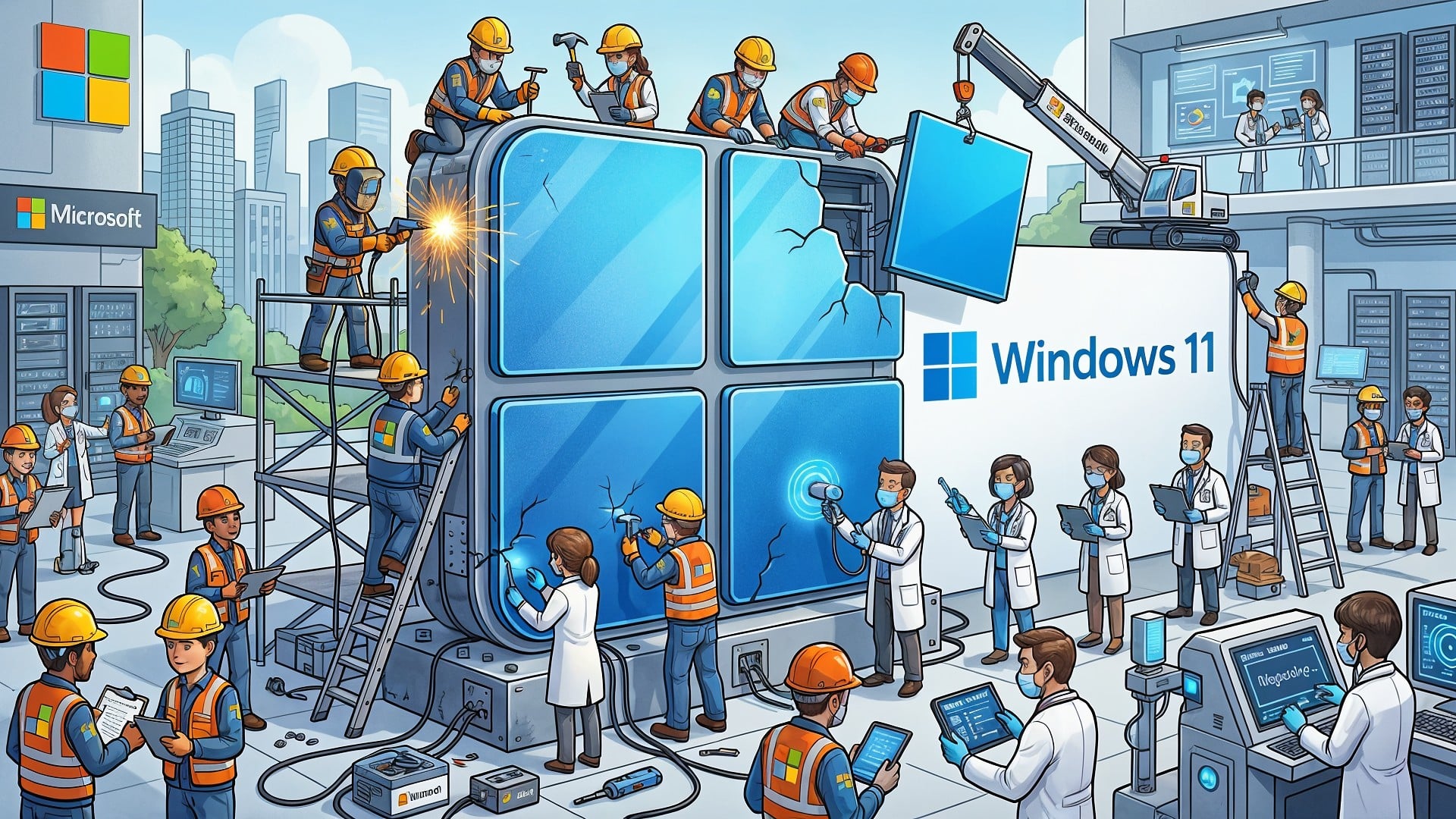 Microsoft, Betriebssystem, Windows 11, Monitor, Reparatur, Bugs, reparieren, Serverraum, Baustelle, Techniker, Konstruktion, Softwarewartung, Schweißen