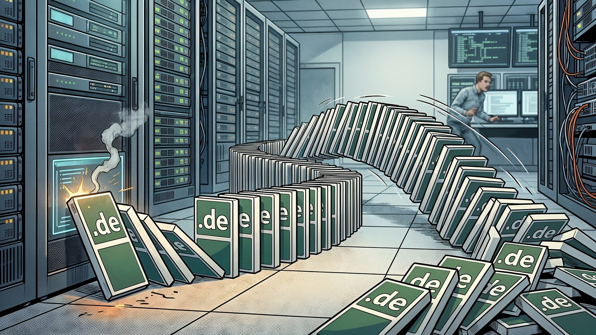 Rechenzentrum, Datacenter, Serverraum, IT-Infrastruktur, Systemausfall, Netzwerküberwachung, Server-Rack, Ausfallsicherheit, technischer Defekt, Dominoeffekt, .de-Domain, Server-Monitoring, Kabelage