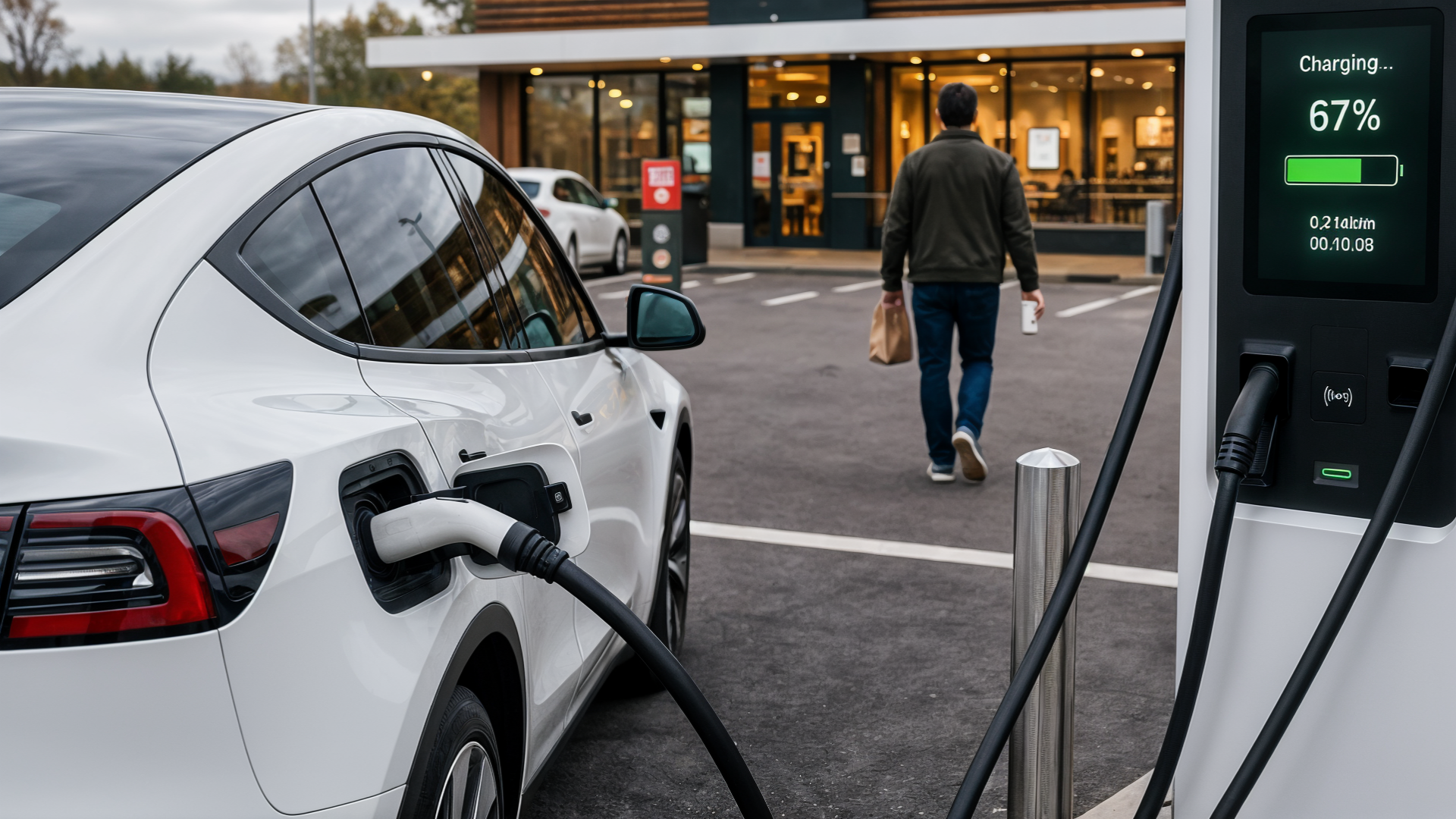 Elektroautos, Elektromobilität, Elektroauto, E-Auto, Batterie, E-Mobilität, Ladestation, Aufladen, Elektrofahrzeug, Ladekabel, Parkplatz, Ladestand, Ladevorgang, Akkuladezustand, Digitalanzeige