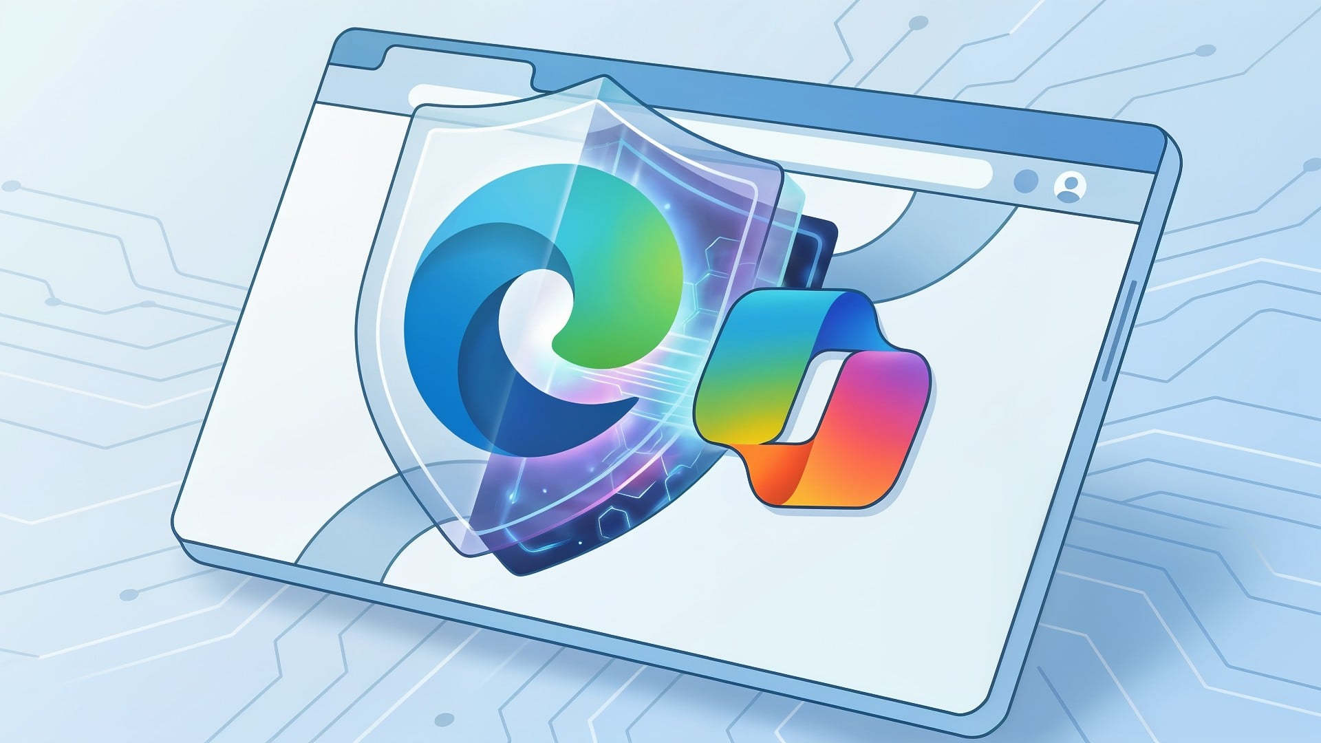 Benutzeroberfläche, Microsoft Edge, microsoft 365, Digitalisierung, Cybersicherheit, Cloud-Dienste, Web-Browser, Technologie-Illustration, Datenverbindung, Microsoft-Ökosystem, Sicherheitsschild, Browser-Oberfläche, Software-Integration, Hexagonales Muster, Schutzsymbol