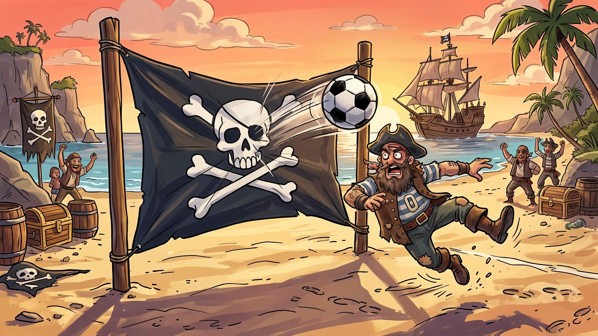 Filesharing, Piraterie, Fußball, Fifa, Tor, Piracy, Fussball, Wm, Totenkopf, EM, UEFA, Piraten, Ball, Strand, Fußballfeld, Burg, Piratenschiff