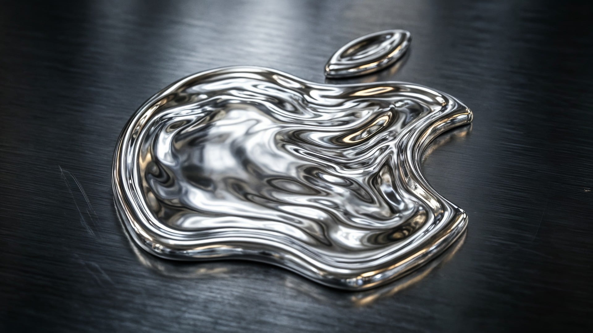 Apple, metall, Apple Logo, Flüssigmetall, Liquid Metal, Produktfotografie, Logo-Design, Reflektierende Oberfläche, Molten Metal, Chromeffekt, Studioaufnahme