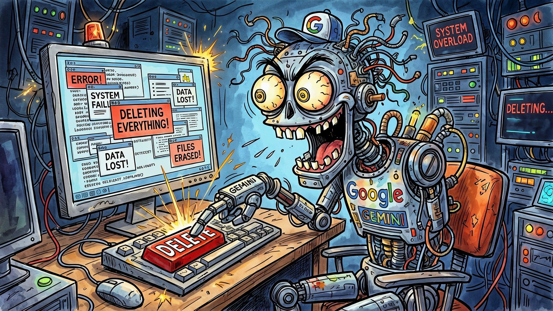 Ki, Künstliche Intelligenz, AI, Artificial Intelligence, Roboter, Tastatur, Chatbot, Kabel, Büro, Gemini, KI-Chatbot, Löschen, KI-Assistent, Serverraum, Datenverlust, Computerbildschirm, Systemfehler