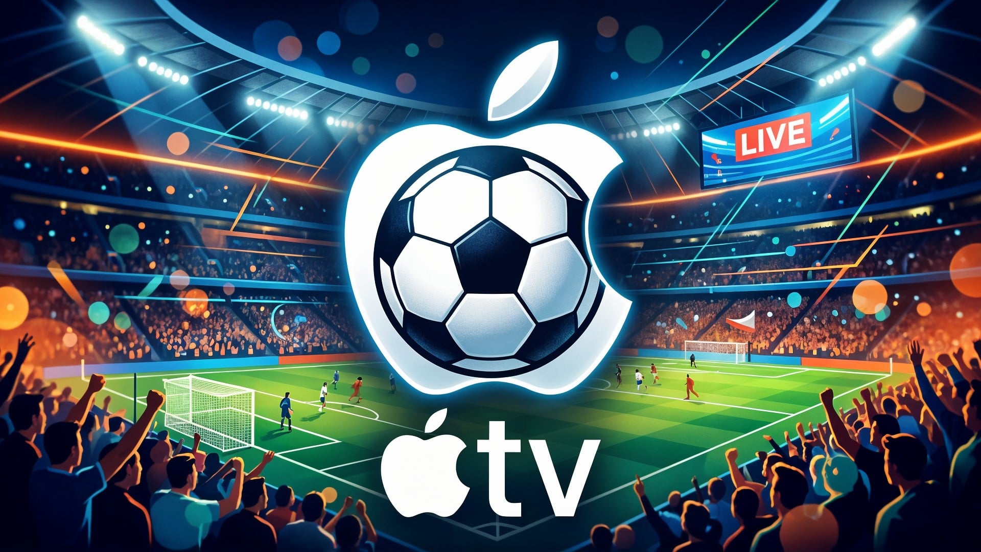 Apple, Fußball, Apple Tv, Tor, Apple-Logo, Publikum, Sportübertragung, Live-Übertragung, Fußballstadion, Fußballplatz, Stadionbeleuchtung, Fußball-Logo