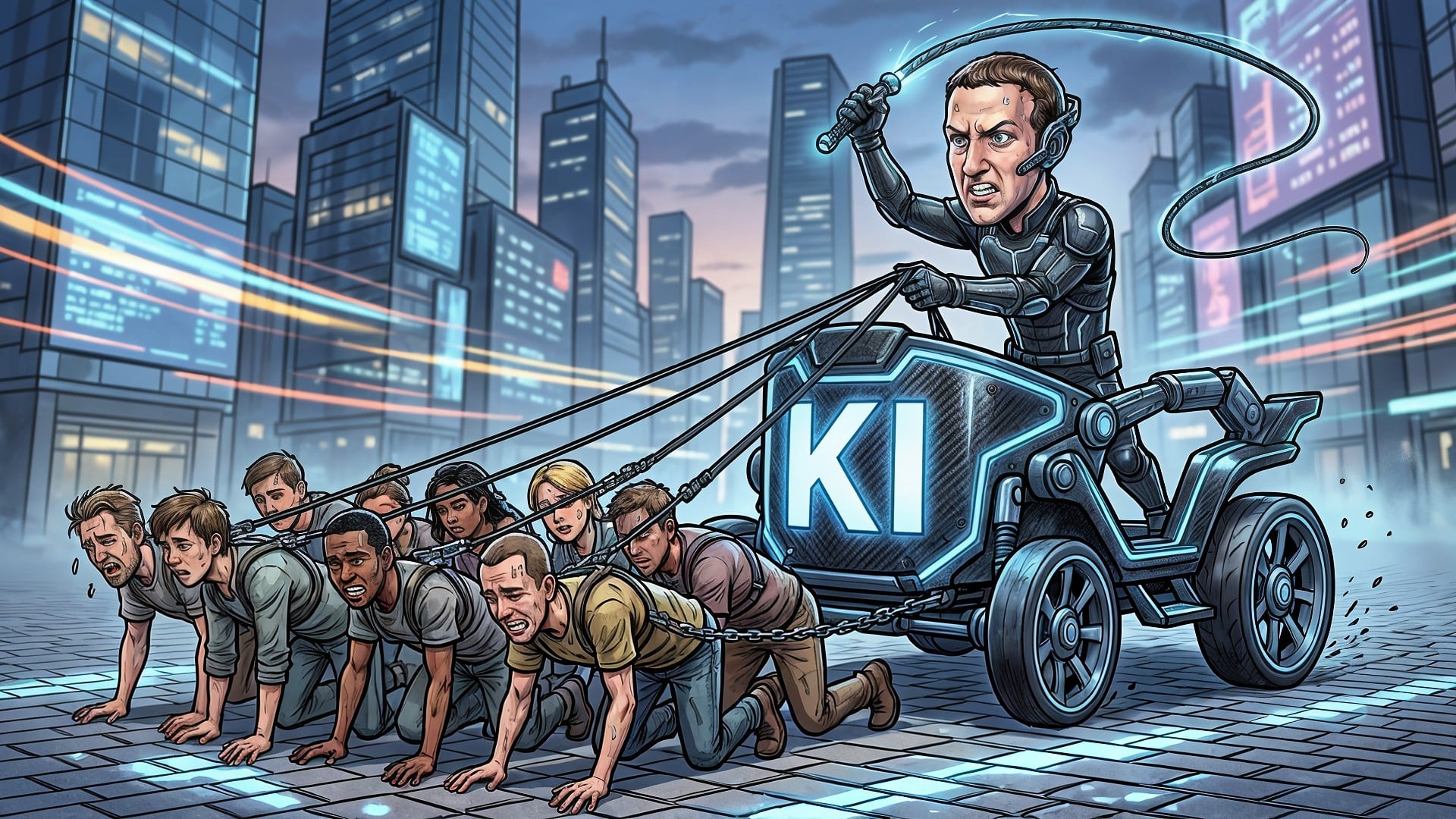 Ki, Künstliche Intelligenz, Artificial Intelligence, Meta, Mark Zuckerberg, Entlassungen, Satire, Technologiebranche, Tech-Branche, Big Tech, datenerfassung, Tech-Milliardär, Arbeitsausbeutung, Streitwagen