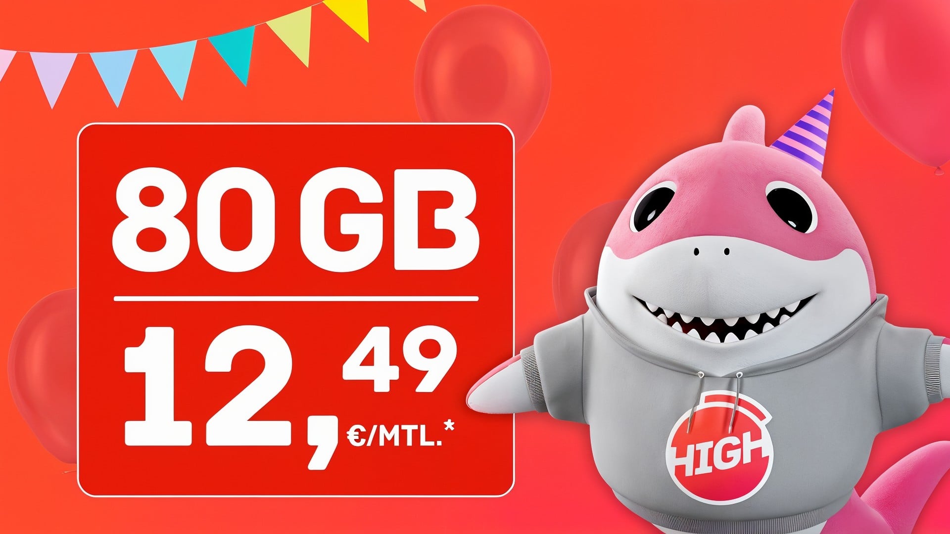 Datenvolumen, Mobiles Internet, Mobilfunktarif, Sim-Karte, Datentarif, Werbeanzeige, Smartphone-Tarif, Handytarif, 80 GB, Monatstarif, HIGH-Marke, Niedrigpreisig, Kartensymbol, Mobile Kommunikation, HIGH Mobile
