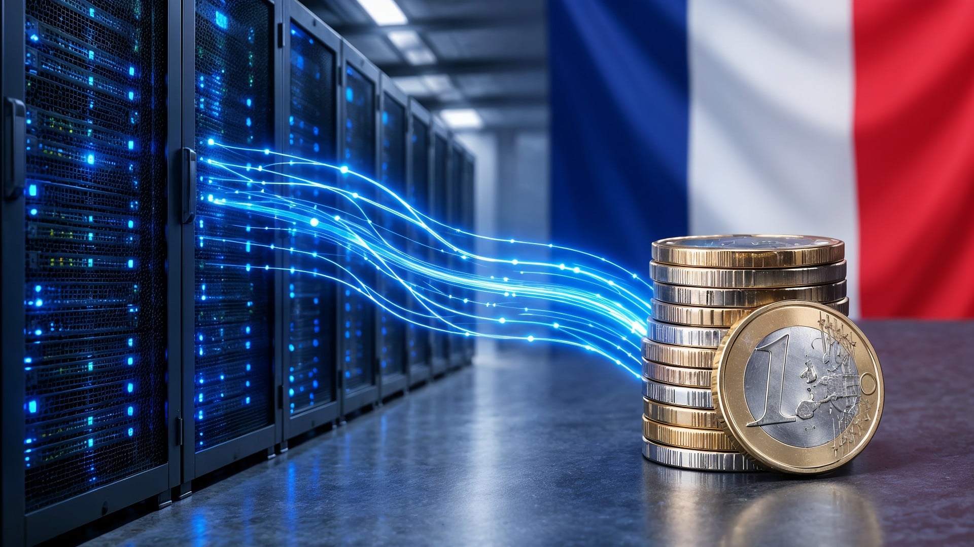 Server, Datenübertragung, Digitalisierung, Finanzen, Frankreich, Rechenzentrum, Investition, Cloud Computing, Euro, Fintech, Serverschrank, IT-Infrastruktur, Datenstrom, digitaler Euro, IT-Kosten