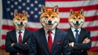 Kryptow�hrung, Meme, Satire, US-Politik, Hund, Digitale Kunst, Doge, Humor, Anz�ge, amerikanische Flagge, Surreal, Shibu, Internet-Kultur, Kabosu, Shiba Inu, Fotomontage, Hundek�pfe, Politiker-Parodie, Wahlkampf-Parodie
