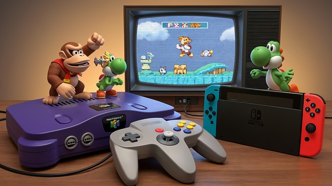 Gaming, Spielkonsole, Nintendo, Nintendo Switch, Fernseher, Spielekonsole, Controller, Videospiele, Super Mario, Nintendo Switch 2, Spielkonsolen, N64, Nintendo 64, Donkey Kong, Retro-Gaming, Spieleklassiker, Yoshi, Pixelgrafik, Gaming-Nostalgie, Konsolenvergleich