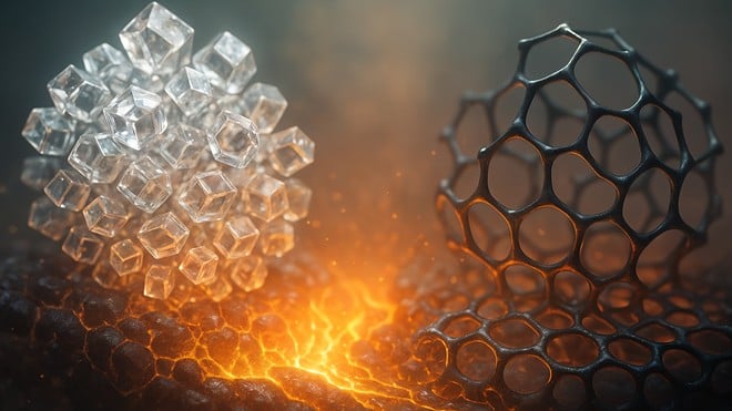 Quantenphysik, Nanotechnologie, 3D-Rendering, Kohlenstoff, Materialwissenschaft, Diamant, Würfel, Wissenschaftliche Illustration, Edelstein, Graphit, Nanomaterialien, Geometrische Formen, Kristallstruktur, Kohlenstoff-Nanoröhren, Molekülmodelle, Fullerene, Computervisualisierung, Sphären, Lava-Effekt