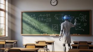 K�nstliche Intelligenz, Ki, AI, Artificial Intelligence, Robotik, Digitale Transformation, Mathe, Tafel, Bildungstechnologie, Digitale Bildung, MINT-Bildung, KI im Unterricht, Roboterlehrer, Mathematikunterricht, Schulzimmer, Mathematische Formeln, Zukunft des Lernens, Technologie im Klassenzimmer, Innovative Lehrmethoden, Lernne