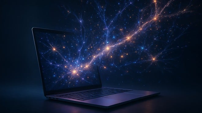 Laptop, Weltraum, Bildschirm, Technologie, Astronomie, Sci-Fi, Galaxie, universum, Sternenhimmel, Futuristisch, Kosmos, Computergrafik, Nachtszene, Wissenschaftsvisualisierung, Digitalkunst