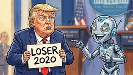 K�nstliche Intelligenz, Ki, AI, Artificial Intelligence, Roboter, Donald Trump, trump, US-Pr�sident, Wei�es Haus, KI-Chatbot, Illustration, Karikatur, Satire, US-Politik, Pressekonferenz, Humanoid, Pr�sidentschaftswahl 2020, Rednerpult