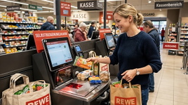 Touchscreen, Einzelhandel, Bezahlsystem, Supermarkt, Scanner, Rewe, Kassensystem, Self-Checkout, Kartenterminal, Selbstbedienungskasse, Barcodescanner, Point-of-Sale, Retail-Technologie, Kassenautomation, EC-Terminal