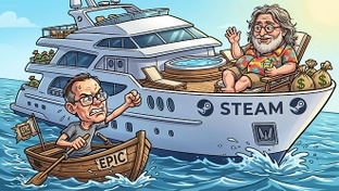 Gaming, Games, Software, Steam, Valve, Epic Games, Valve Steam, Epic Games Store, News, Epic, PC-Gaming, Karikatur, Gabe Newell, Konkurrenzkampf, Spieleplattform, Tim Sweeney, Plattformen, Marktf�hrerschaft, Plattformkrieg, Vertriebsplattform