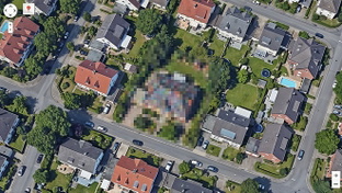 Google, Satellit, Google Maps, Maps, Kartendienst, Stra�enverkehr, Kartenmaterial, Google Earth, Luftaufnahme, H�user, Verpixelung, Wohnsiedlung, Grundst�cke, Standortmarker, Stra�enraster, G�rten, Parkanlage