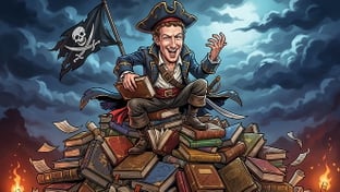 Facebook, Filesharing, Piraterie, Meta, Copyright, Mark Zuckerberg, B�cher, Illustration, Karikatur, Piracy, Totenkopf, Lesen, Pirat, Piratenflagge, Totenkopfflagge, Abenteuer, B�cherstapel, Schatz, B�cherwurm, fliegende Seiten, Tresenhut