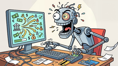 K�nstliche Intelligenz, Ki, Pc, AI, Artificial Intelligence, Roboter, Tastatur, Chatbot, Finanzen, Automatisierung, Kreditkarte, Schreibtisch, Illustration, Dollar, Euro, Taschenrechner, Datenvisualisierung, Agent, Fortschrittsbalken, Zahlungsabwicklung, Bankgeb�ude